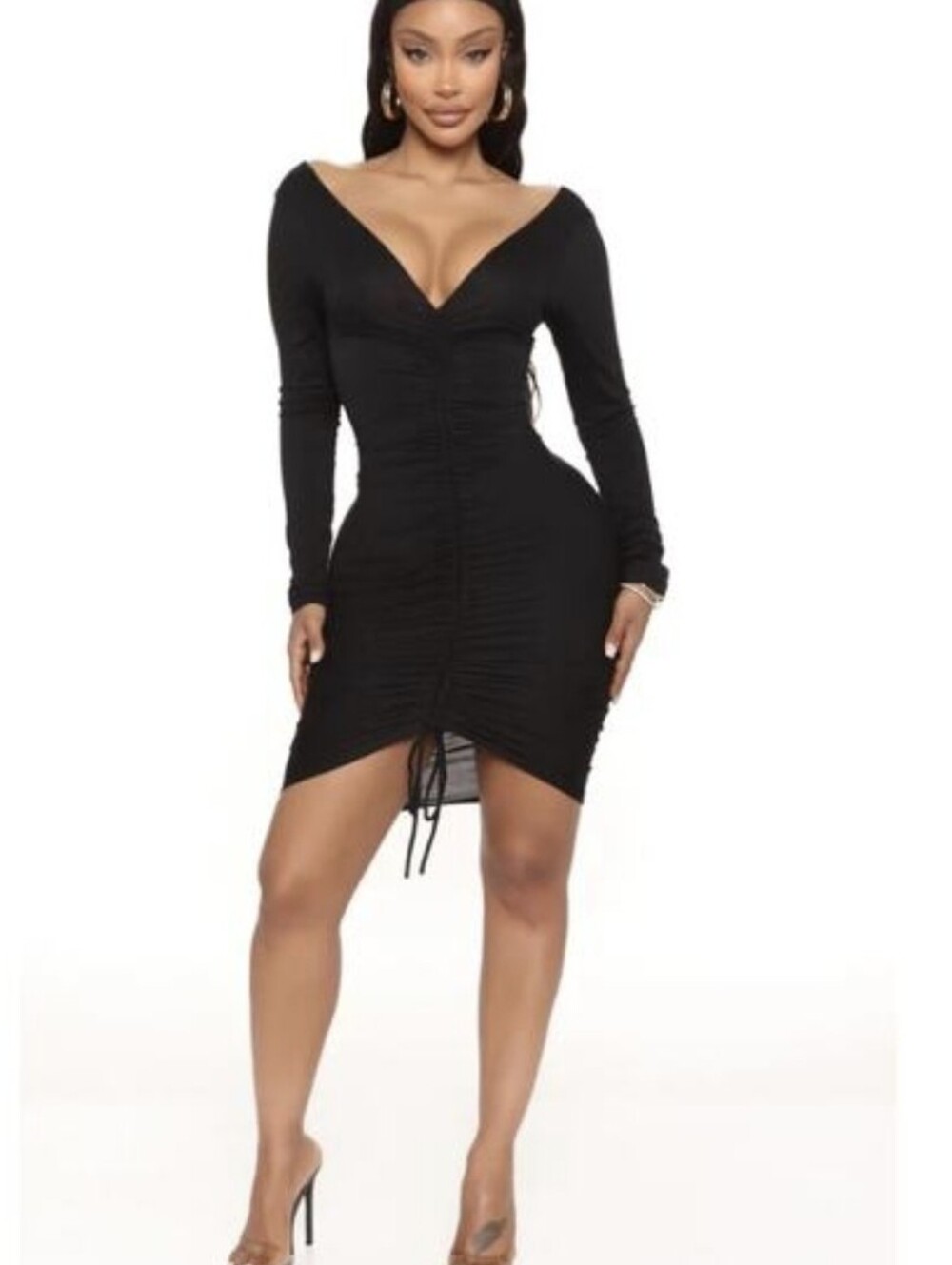 Fashion Nova Black Drawstring Bodycon Long Sleeve Dress 3X